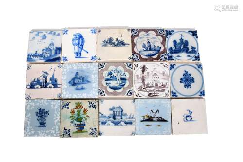 Fifteen Dutch and English Delft tiles, 18th century and later, variously decorated with figures in