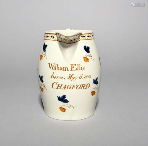 A documentary creamware jug, 19th century, probably Bovey Tracey, painted in Pratt enamels with