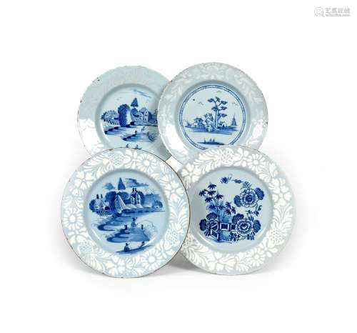 Four Bristol delftware plates, c.1760-70, two painted with figures in boats and fishing before
