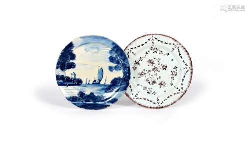 Two delftware plates, c.1720-80, one painted in blue with boats sailing between sponged trees, the