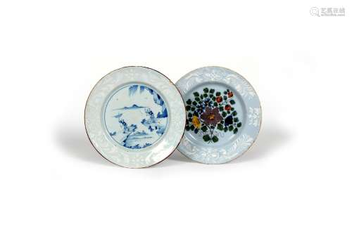Two delftware plates, c.1760, one Bristol and painted in the Fazackerly palette with a tied bunch of