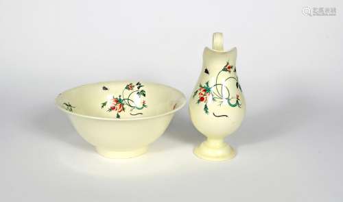A creamware ewer and basin, late 18th/19th century, painted with insects around scattered flower