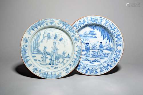 Two delftware chargers, c.1750-70, painted in blue with chinoiserie scenes, with figures and