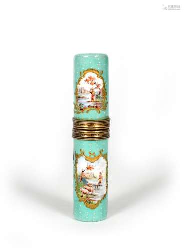 A large enamel etui, c.1770-80, of cylindrical form, painted with bucolic scenes of a shepherd