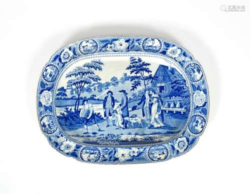 A blue and white transferware charger, 1st half 19th century, printed with the Bee Keeper pattern, a