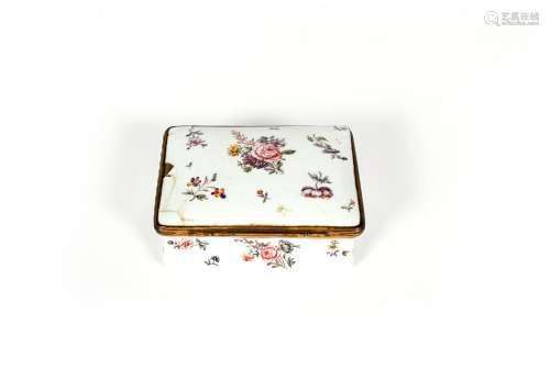 An enamel snuff box, c.1770, London or Birmingham, of rectangular form, delicately painted with