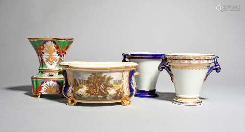 Three Derby bough pots and a vase and stand, c.1790-1830, two bough pots of flared circular form,