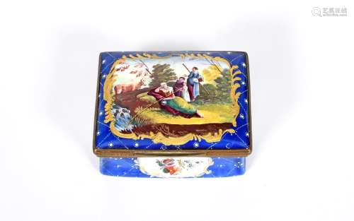 A Staffordshire enamel table snuff box, c.1770, of rectangular form, painted to the cover with a