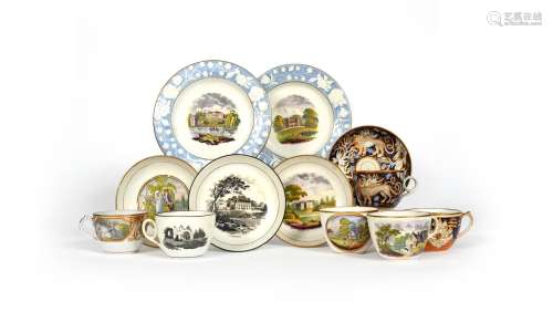 A collection of New Hall tea wares, late 18th/early 19th century, including a pair of plates printed