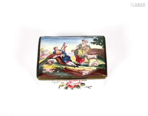 An English enamel table snuff box, c.1760-70, of rectangular form, printed and coloured to the cover