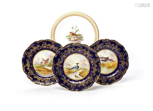 Three Coalport ornithological dessert plates, early 20th century, painted by Percy Simpson with