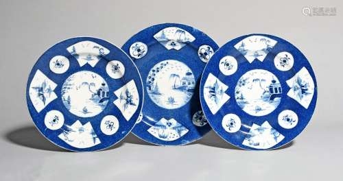 Three Bow blue and white plates, c.1760-65, all with fan panel decoration of a central circular