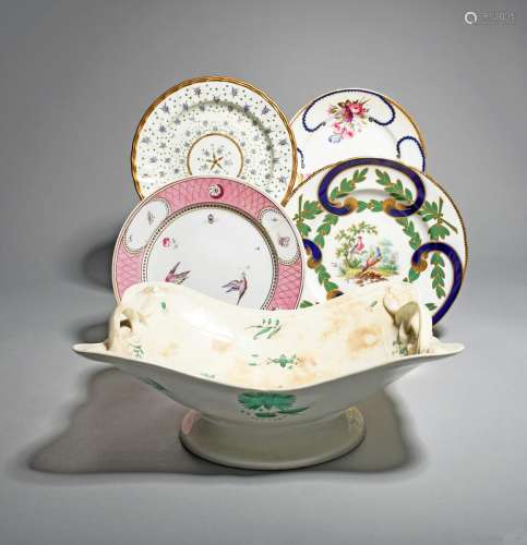 Four English porcelain plates, 1st half 19th century, variously decorated in the Sèvres style, a