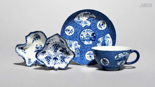 Two Bow blue and white pickle dishes, c.1760, of vine leaf shape, the smaller painted with