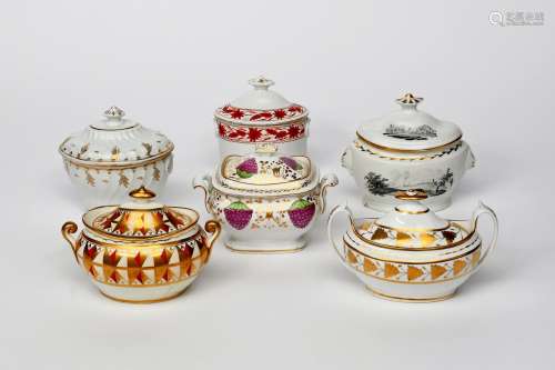 Six English porcelain sucriers and covers, c.1800-30, variously decorated, one with bat-printed
