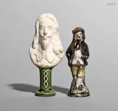 Two Continental pipe tampers, 19th century, one modelled in biscuit with the bust of Charles I