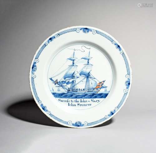 A rare documentary Liverpool delftware ship charger, c.1756, painted perhaps by William Jackson with