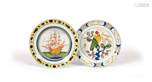 Two Delft plates, 18th century, one painted in red, yellow, blue and green with a parrot perched