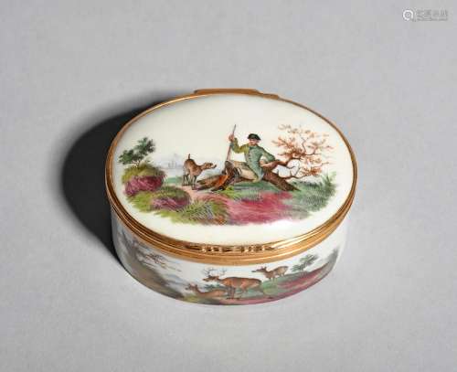 A German porcelain oval snuff box, c.1770, painted to the exterior with scenes of stags and deer,