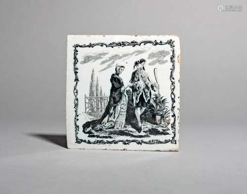 A Liverpool delftware tile, c.1757-61, printed by John Sadler with a courting couple beside a