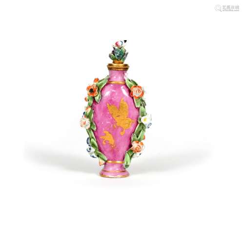A Chelsea scent bottle, c.1756-60, of flattened form, decorated with gilt butterflies and other
