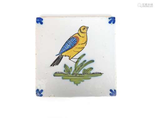 A Liverpool delftware bird tile, c.1750-75, painted with a large finch-like bird painted in