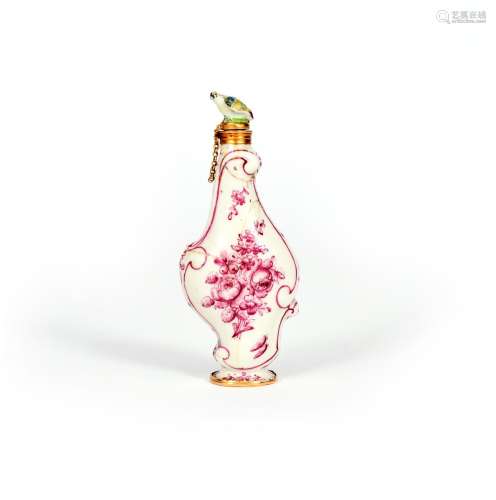 A Chelsea scent bottle, c.1755, of flattened rococo form, painted in puce camaieu with large