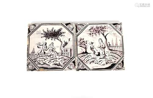 A pair of London delftware tiles, c.1710, painted in manganese, each with an octagonal panel, one of