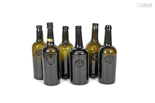 Six English sealed wine bottles, late 18th/19th century, two applied with varying seals inscribed '