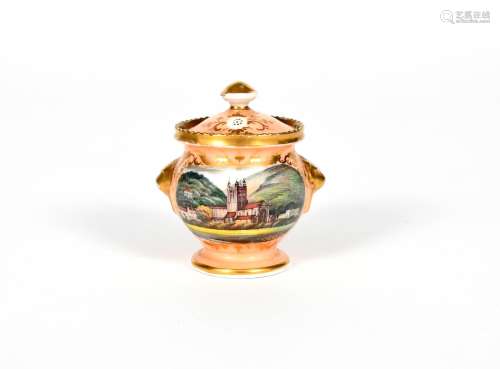 A Chamberlain's Worcester miniature vase and cover, c.1830, the squat urn shape painted with a