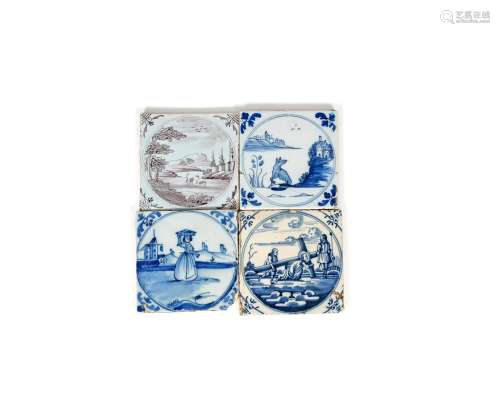 Four delftware tiles, c.1760-70, one Biblical and painted in blue with Christ carrying the cross,