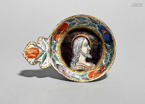 A Limoges enamel wine taster or taste vin, probably 19th century, the well painted with a profile