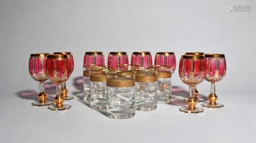 Ten Bohemian glass goblets, late 19th/20th century, possibly Moser, the rounded bowls flashed and