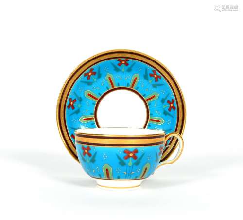 A Minton teacup and saucer, date code for 1870, boldly decorated in the Aesthetic manner with