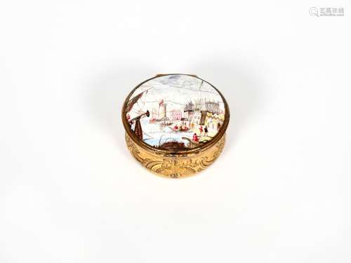 A circular snuff box with an enamel plaque, c.1770, the top painted with figures in a harbour