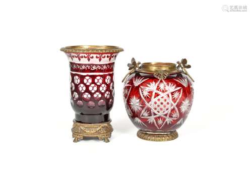 Two large cut glass vases, late 19th century, both flashed in red, one cut with a repeated star