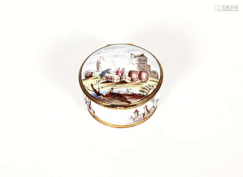 A circular English enamel snuff box, c.1760-70, painted to the cover with figures in a harbour