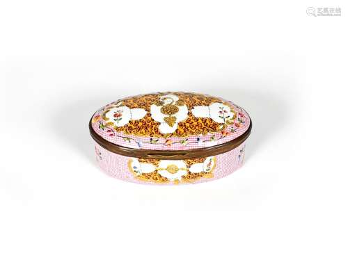 A South Staffordshire oval snuff box, c.1770, decorated with unusual gilt motifs of fruit and leaves
