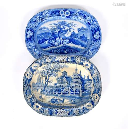 A blue and white transferware meat dish and a charger, 1st half 19th century, the meat dish