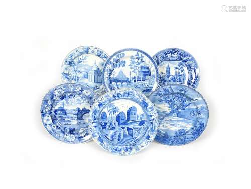 Six blue and white transferware plates, 19th century, one Spode from the Caramanian series,