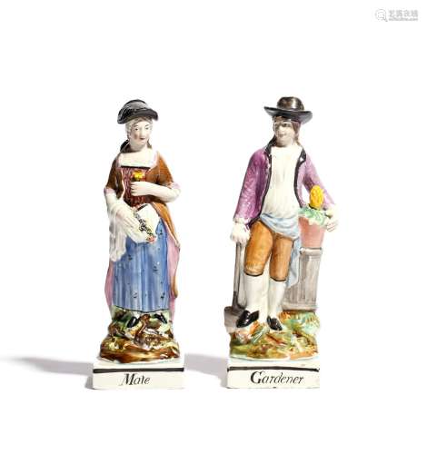 A pair of Staffordshire figures of a Gardener and his mate, c.1790, he standing beside a potted