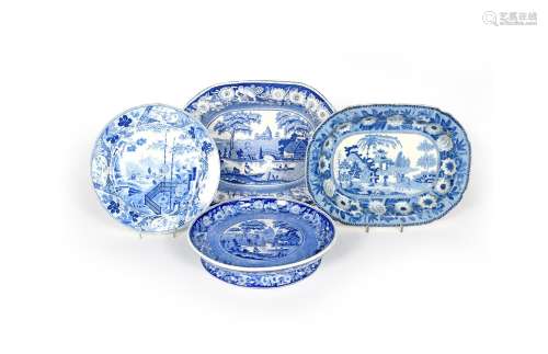 Two blue and white transferware chargers, 19th century, one Rogers and printed with figures and a