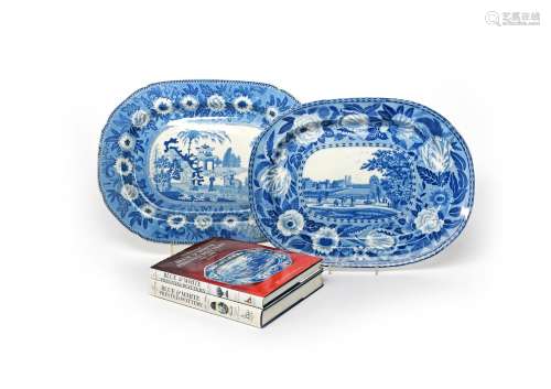 Two blue and white transferware chargers, 19th century, the larger Rogers and decorated with the