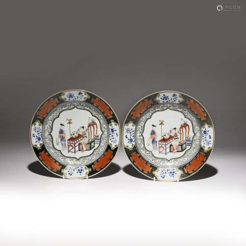 A PAIR OF CHINESE ENAMELLED 'LADIES' DISHES 18TH CENTURY Each painted with a central cartouche