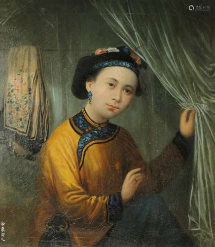 ANONYMOUS (19TH CENTURY) A CANTONESE LADY A Chinese painting, oil on canvas, inscribed Guangdong