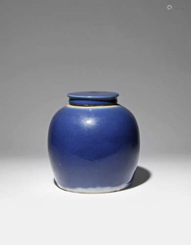 A CHINESE BLUE GLAZED OVOID VASE AND COVER EARLY 19TH CENTURY The exterior decorated with a thick