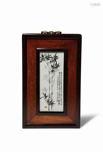 FOUR SMALL CHINESE PORCELAIN PLAQUES 20TH CENTURY Decorated with bamboo sprays and lines of