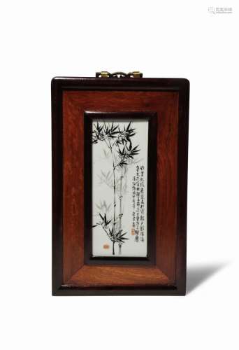 FOUR SMALL CHINESE PORCELAIN PLAQUES 20TH CENTURY Decorated with bamboo sprays and lines of