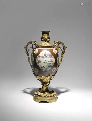 A CHINESE FAMILLE ROSE CAFE-AU-LAIT GROUND ORMOLU-MOUNTED JAR THE PORCELAIN 18TH CENTURY, THE MOUNTS