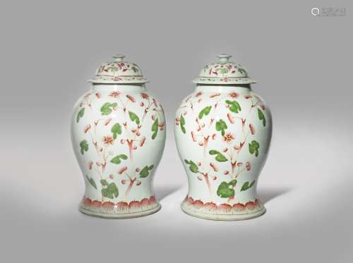 A PAIR OF CHINESE FAMILLE ROSE BALUSTER VASES AND COVERS 19TH CENTURY Each painted in pink, green